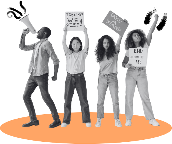 A black and white image of four young multi-racial adults, all standing with their arms raised. One is holding and shouting into a megaphone, while the others are holding up protest signs.