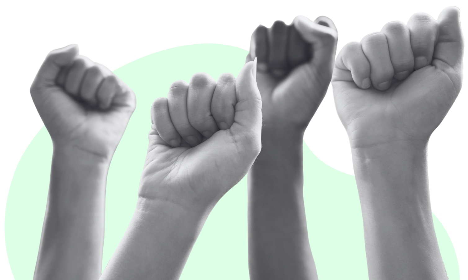 A black and white image of four multi-racial fists raised in the air.